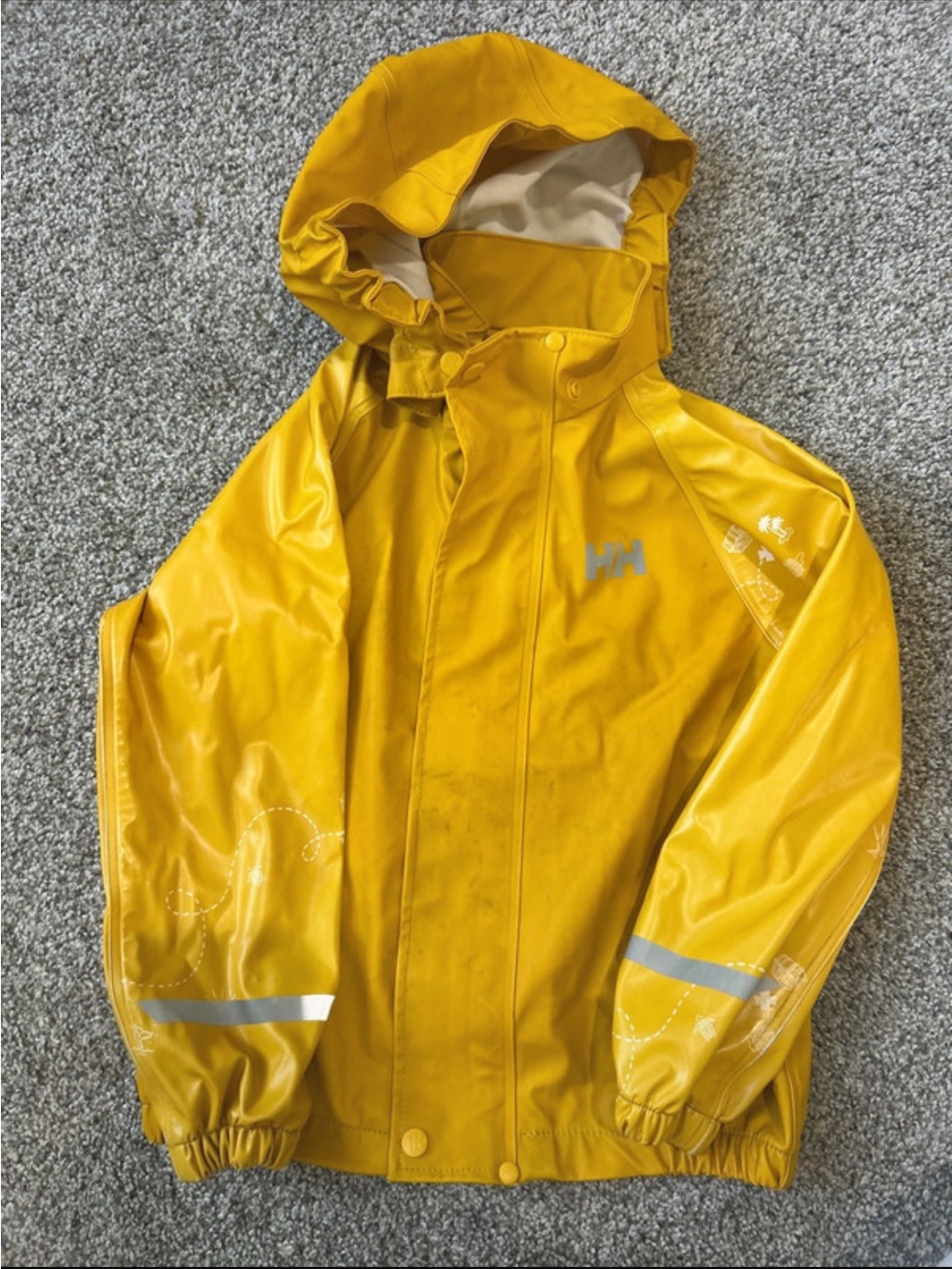 Helly Hansen yellow waterproof rain jacket featuring Helox+ technology size 5